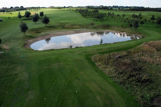 Tees on the 9th hole from above looking towards the lake.