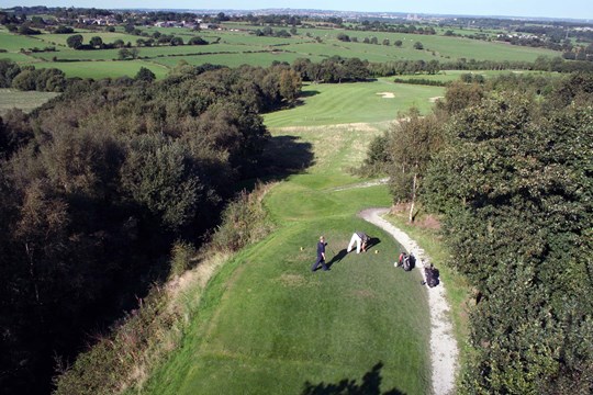 Tees on the 11th hole from above with stunning views of the countryside in the background