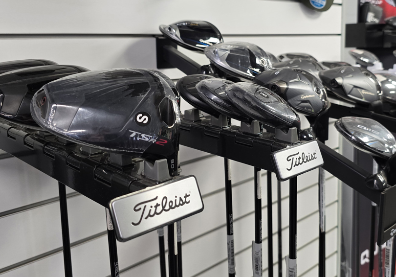 A view of some Titlelist golf clubs on display in The Manor's golf shop.