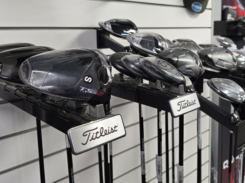 A view of some Titlelist golf clubs on display in The Manor's golf shop.